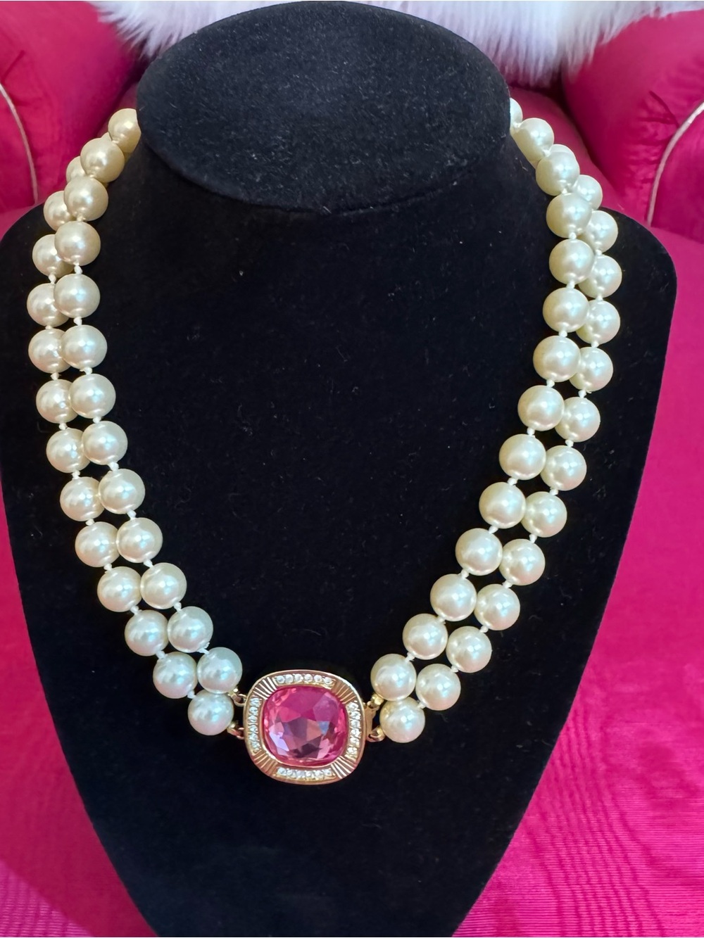 Vintage Swarovski SAL Faux Pearl Necklace with Pink and Clear Center Stones